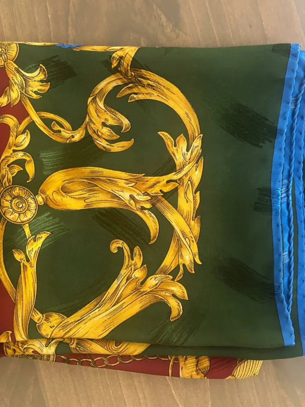 Hermes Red, Green & Gold Equestrian Motif Silk Scarf